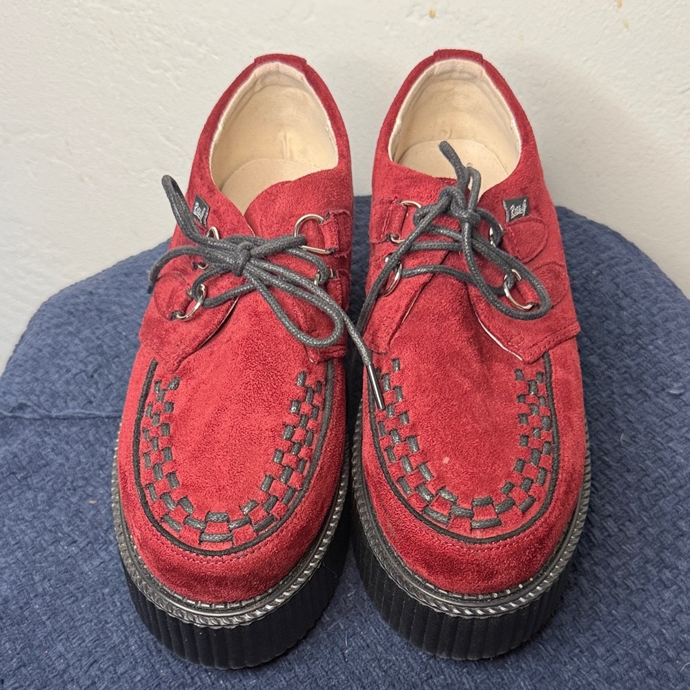 Rose G Red Suede Creeper Loafers with Black Platforms
